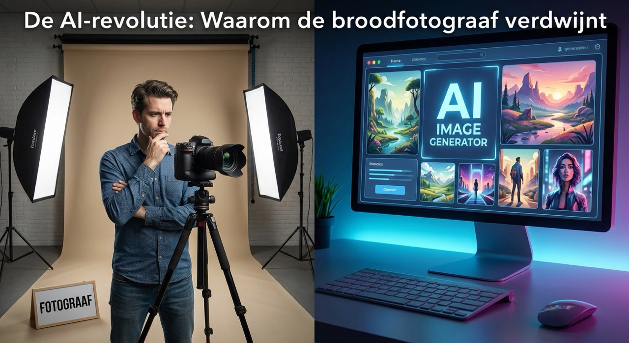 De afbeelding toont een visueel contrast: links staat een peinzende fotograaf met professionele apparatuur in een studio, terwijl rechts een computerscherm een interface voor AI-beeldgeneratie weergeeft.