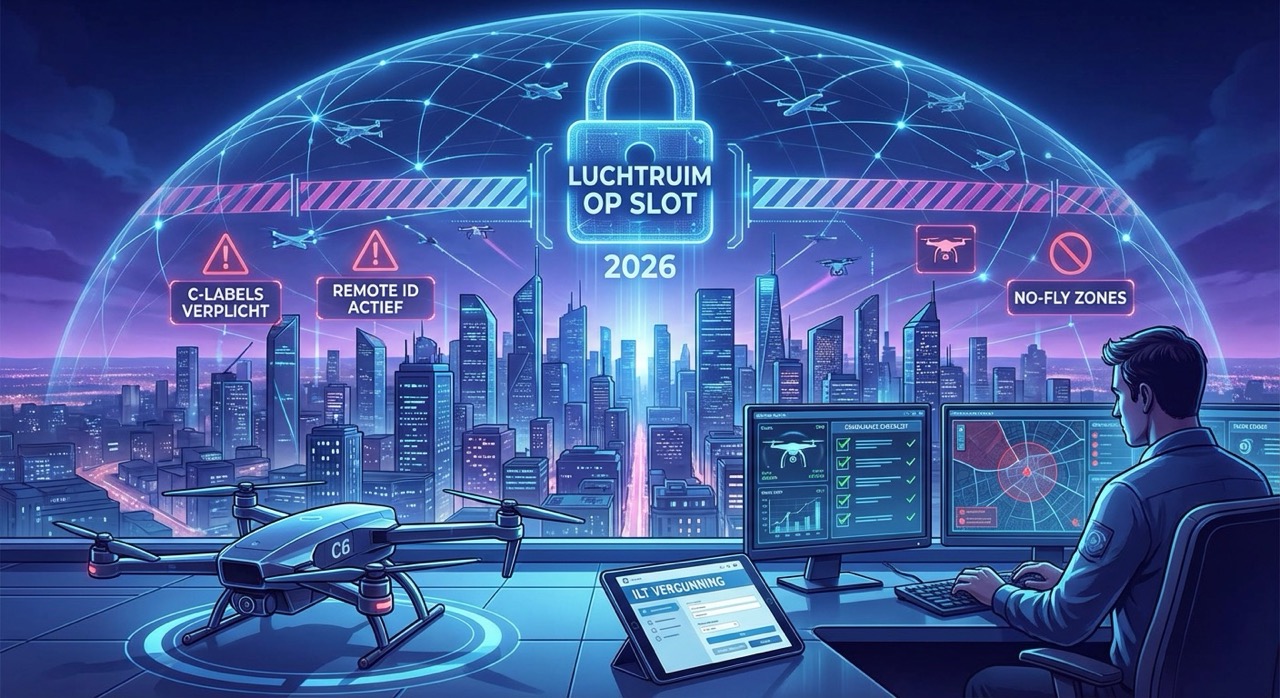Een futuristische illustratie die de strenge dronewetgeving in Nederland in 2026 toont. Een professionele operator zit in een geavanceerde controlekamer.