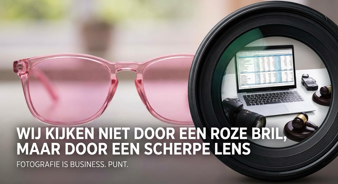 Een afbeelding die een roze bril contrasteert met een scherpe cameralens. Door de lens is een zakelijke opstelling te zien met een laptop, camera en een hamer.