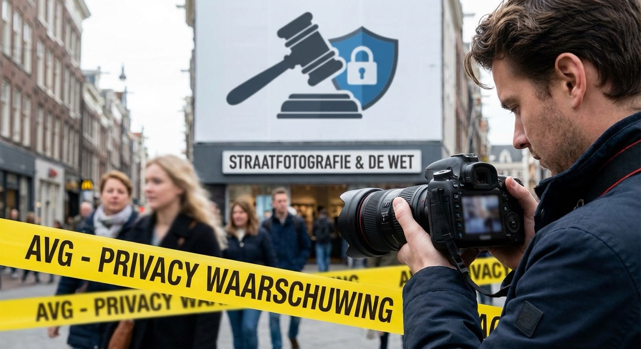 Een straatfotograaf kijkt door de zoeker van zijn camera in een drukke winkelstraat. Op de voorgrond is geel afzetlint gespannen. Op de achtergrond is een groot grafisch bord te zien met een rechtershamer, en een slot wat de spanning tussen fotograferen en privacyregels visualiseert.